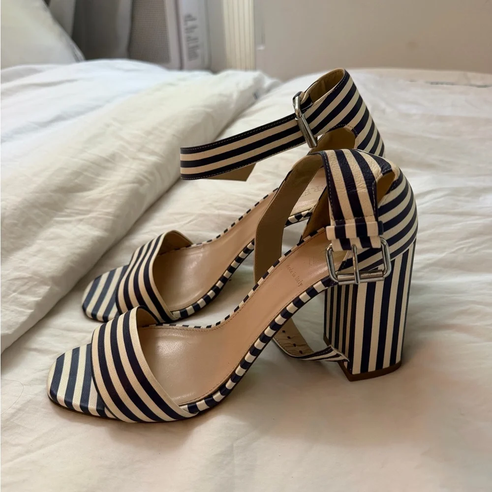 J Crew Striped Ankle-Strap Block Heel Sandals - Navy & Cream